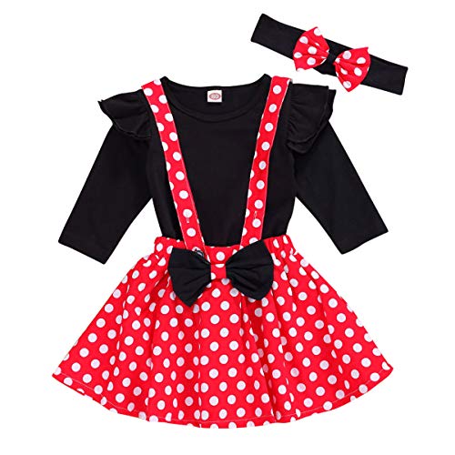 Toddler Girls Outfits 3pcs Baby Romper Clothes Set Girl Floral Jumpsuit+Strap Skirt Outfits Red 18-24 Months