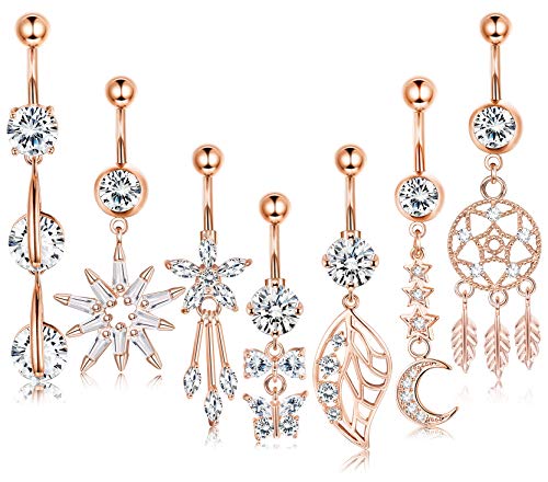 LOLIAS 7 Pcs 14G Dangle Belly Button Rings for Women Girls 316L Surgical Steel Curved Navel Barbell Body Jewelry Piercing