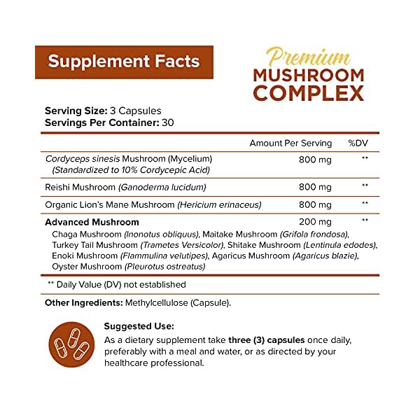 NutriFlair-Mushroom-Supplement-2600mg-90-Capsules-10-Mushrooms-Reishi-Lions-Mane-Cordyceps-Chaga-Turkey-Tail-Maitake-Shiitake-Nootropic-Complex-Brain-Energy-Focus NutriFlair Mushroom Supplement 2600mg, 90 Capsules - 10 Mushrooms Blend - Reishi, Lions Mane, Cordyceps, Chaga, Turkey Tail, Maitake, Shiitake, Oyster Nootropic Complex - Brain, Energy, Focus Pills