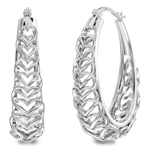 Charmsy - Pendientes de aro de plata de ley 925 para mujer, aretes de aro de filigrana de malla calada, ligeros, hipoalergénicos, vintage para mujer, Plata de ley, Sin piedra preciosa