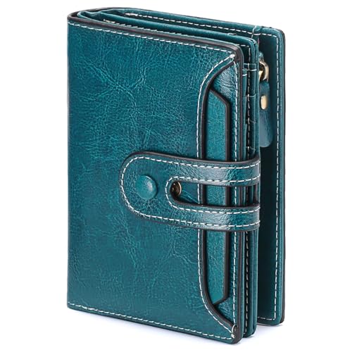 GOIACII Carteira pequena feminina de couro legítimo com bloqueio de RFID e compartimento para cartão com zíper para moedas, 2 janelas para identidade, A02 Cera Azul Pavão, Small, Minimalista