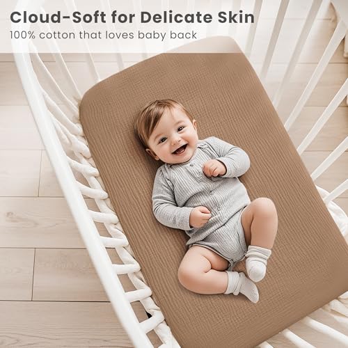 Image of Konssy 2 Pack Muslin Bassinet Sheets for Boys, Girls, 100% Cotton Soft Breathable Fitted Bassinet Mattress Sheet, 33 x 21 inches (Brown,Summer Wheat)