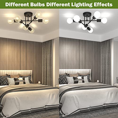 Asnxcju Modern Semi Flush Mount Ceiling Light, 6-Lights Black Sputnik Chandelier for Bedroom Lighting, Industrial Kitchen Light Fixture Ceiling Mount for Dining Room Hallway Living Room, UL Listed