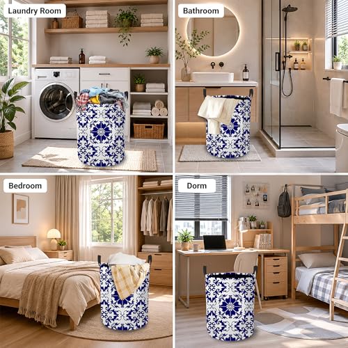 Image of Boho Laundry Basket Oxford Cloth Blue White Tile Laundry Hamper With Handle Foldable Portable Clothes Storage Basket Storage Bag For Laundry Room /Bathroom /Bedroom /Dormitory 20.8 inchx16 inch