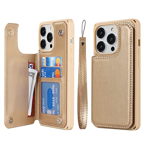 Image of Cavor for iPhone 14 Pro Wallet Case with Card Holder for Women Men,Phone Case for iPhone 14 pro with Stand Credit Card Holder, Leather Strap Shockproof Cover- Golden