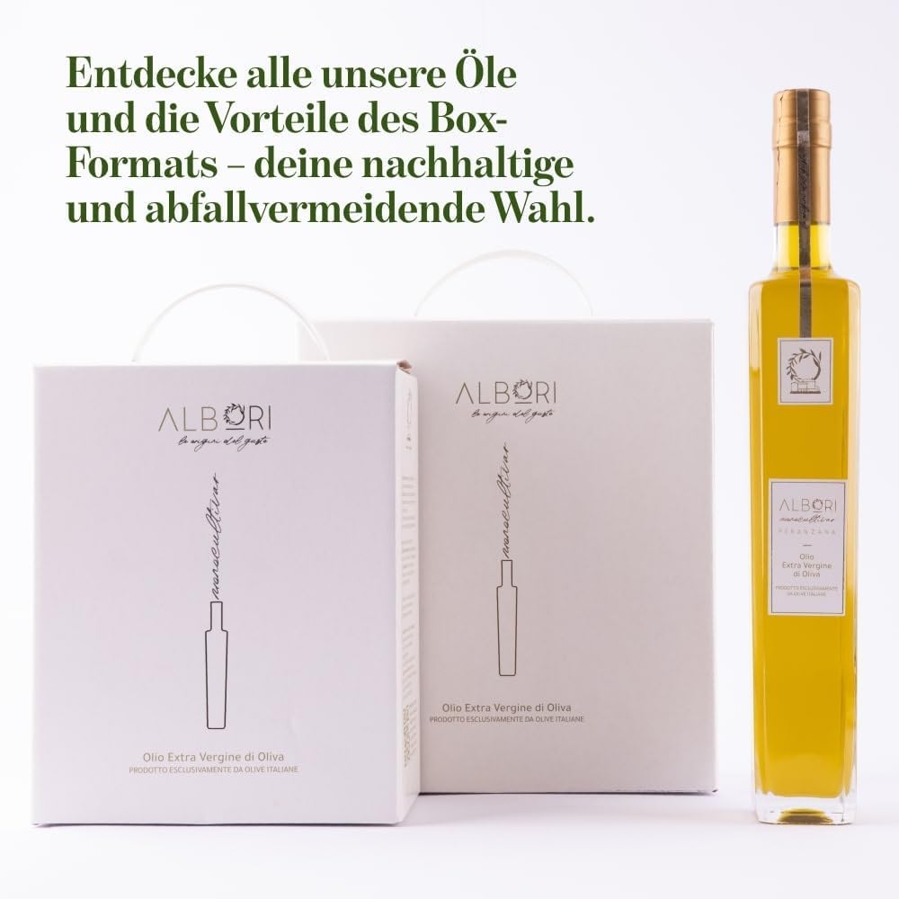 ALBORI Peranzana- Olivenöl 5 Liter NEU 2025/2026 Italienisch Extra Nativ Apulisches Kaltgepresst Monokultivar in Kartonbox Ohne Umfüllen, Intensiven Fisch Fleisch Gemüse Verschwendungsfreier Ausgießer