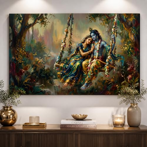 Image of KUNJ CART Artistic Premium Radha Krishna Canvas Painting for Living Room | Radha Krishna painting for wall Big Size | Spiritual Vastu Home Decor | Radha Krishna jhula wall painting for Bedroom | Hindu God Large Canvas Wall Painting (36 X 24 INCH, Unframed - LARGE)