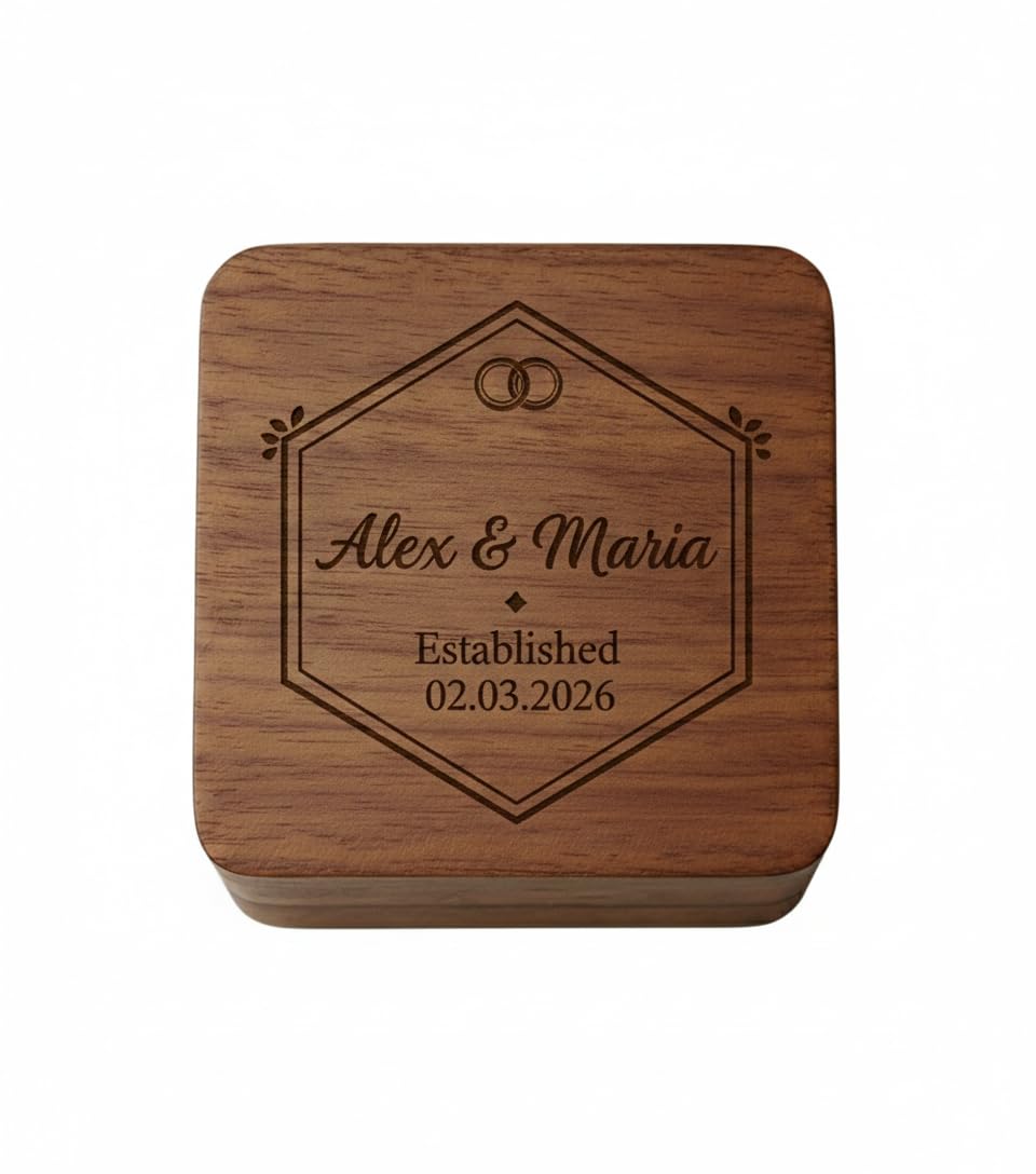 Zmr Shop Craft Natural Wood Brown Personalized Wooden Ring Box, Custom Engraved Wedding Ring Bearer Box With Names & Date, Engagement Proposal With Two Rings Slots