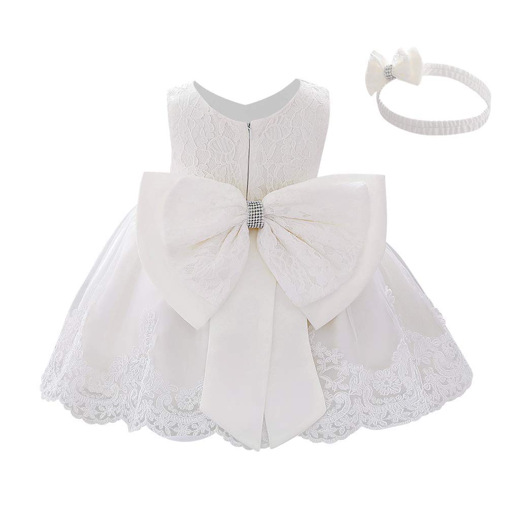 Lace Flower Girls Bowknot Tutu Dress for Kids Baby Christening Baptism Communion Birthday Party Formal Dress Toddler Princess Pageant Wedding Bridesmaid Dance Gown with Headwear White 4-5 Years
