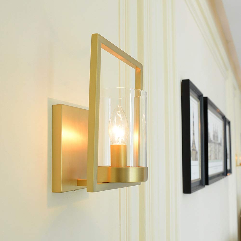 Aplique de pared europeo, moderno, simple, totalmente de cobre, aplique de pared en el hogar, pantalla de vidrio, lámpara de pared, soporte de lámpara E14, iluminación de pared utilizada compatible
