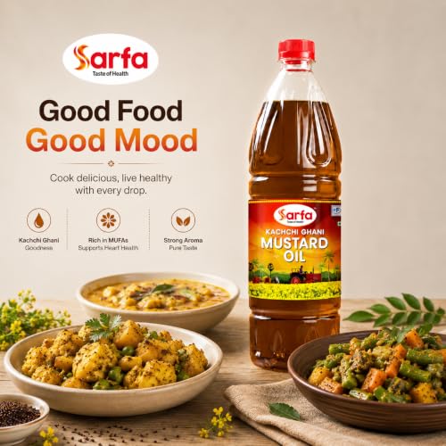 Image of Sarfa 1L Bottle Kachi Ghani Cold Pressed Mustard Oil | Pure, Chemical-Free, and Rich in Heart-Healthy MUFA & PUFA | Zero Cholesterol, with a Rich Aroma and Flavor | Ideal for Cooking and Pickles