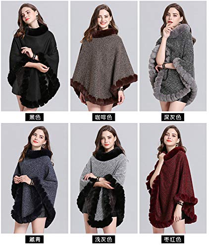 LVCOMEFF Women Woolen Knitting Poncho Wrap Shawl with Fur Lined with Faux Rabbit Fur Trimming4