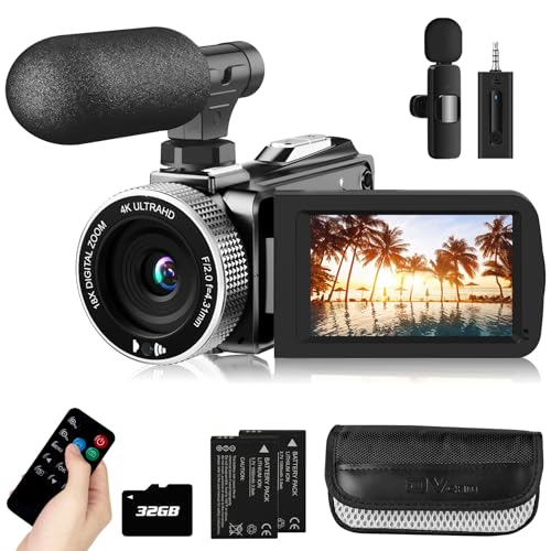 Hojocojo 4K Video Camera Camcorder Mini Mic 60FPS UHD Vlogging Cameras for YouTube 18X Digital Zoom 3.0''IPS Screen Camera with 32GB Card, Wireless Lavalier Microphone, Remote, 2 Batteries