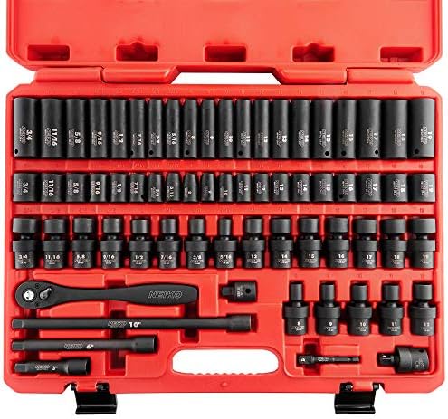 NEIKO 02471A Impact Socket Set, 3/8” Drive, 67 Piece, Metric and Standard Master Socket Set with Shallow & Deep Sockets, Ratchet, Swivel Sockets, Extension Bars, Adapters, Cr-V & Cr-Mo
