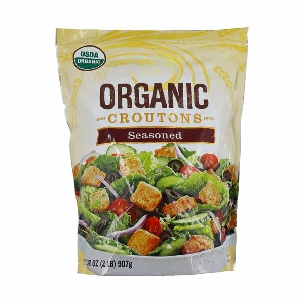 Organic Seasoned Croutons for Salad & Soup, Crunchy Baked Bread Cubes with Garlic, Onion & Herbs, USDA Organic, Non-GMO, Light Crispy Texture, Perfect Salad Topping, Soup Garnish, Stuffing Mix Ingredient, Snack Mix Addition, Ready to Eat Croutons, Bulk Bag, [ 32 oz 2 lbs ]