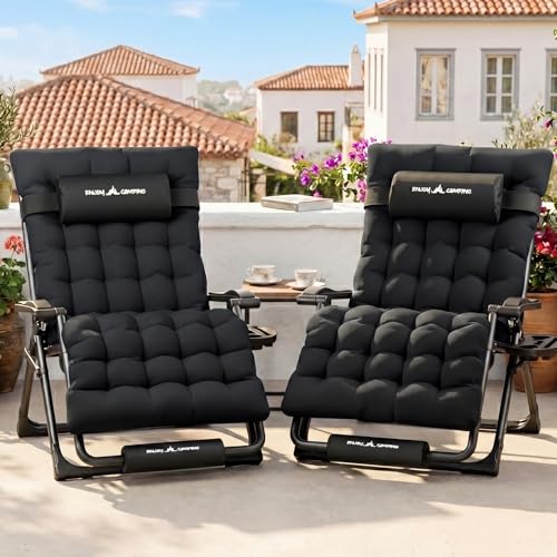 UDPATIO Lot de 2 Transat Jardin Extérieur zéro gravité avec Coussin Épais 9 cm, Appui-tête Réglable, Accoudoirs et Porte-gobelet, Bain de Soleil Pliable...