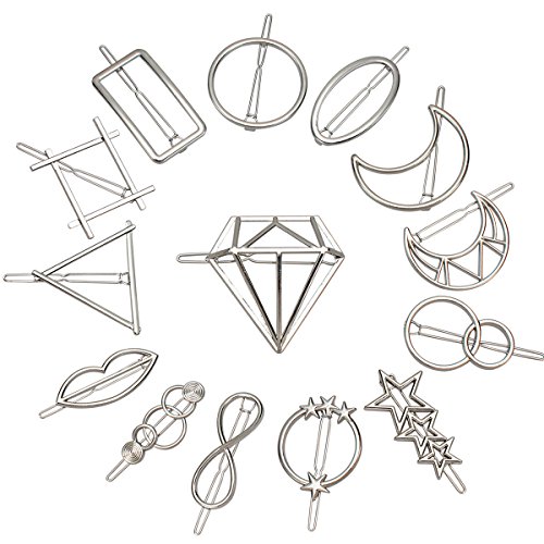 Jaciya 14pcs Minimalist Dainty Hair Clips Silver Hollow Geometric Alloy Hairpin Hair Clamps,Circle,Triangle and Moon Multiple Pattern (Silver)