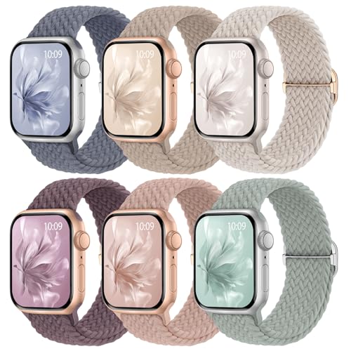 Image of 6 Pack Braided Stretchy Bands Compatible with Apple Watch Band 38mm 40mm 41mm 42mm 44mm 45mm 46mm 49mm Women Men, Adjustable Nylon Solo Loop Elastic Straps for iWatch Series 11 10 9 8 7 6 5 4 SE Ultra