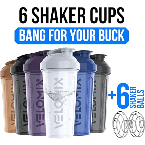 Image of VELOMIX -6 PACK- 28 oz Protein Shaker Bottle for Protein Mixes - 6x Wire Whisk | Leak Proof Shaker Cups for Protein Shakes | Protein Shaker Bottle Pack | Protein Shake Cup (Elemental Mix)