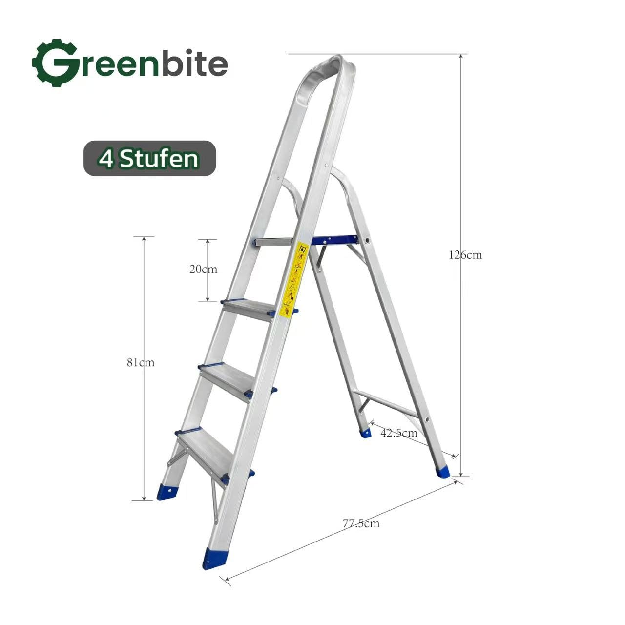 Aluminium Stehleiter 3-7 Stufen – Klapptritt aus Alu, rutschfeste breite Stufen, 150 kg Belastbarkeit, Stabiler Sicherheitsbügel, kompakt faltbar (nomal, 4 Stufen - 78cm)