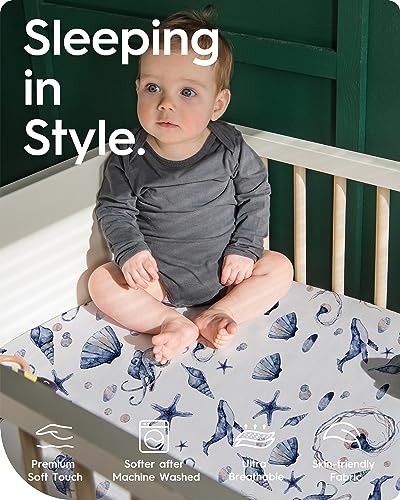 Image of Graco Pack and Play Fitted Sheets - 2 Pack Mini Crib Sheets, Hypoallergenic and Soothing, Premium Jersey Fabric, Safari Sea Animals Pattern