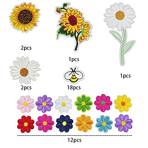Drwate Embroidered Flowers Bee Iron On Patches 36Pcs Cute Bumble Sunflower Daisy Patch For Clothing Sew On Embroidered Applique Decoration Sewing Patches For Bags Jackets Jeans Clothes Diy Patches thumb #1
