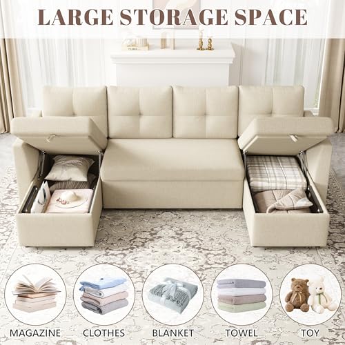Image of Huatean Home Oversized Pull Out Couch, 110 inch 2 in 1 Sleeper Sofa Bed with Side Pockets for Living Room, Sectional Sleeper Sofa Bed with Double Storage Chaise, Beige