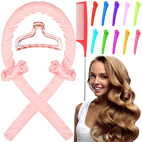 Heatless Hair Curlers For Long Hair No Heat Silk Curls Headband You Can To Sleep In Overnight DIY Hair Styling Tools for Long Medium Hair (Pink),1 Comb 10 Hair Clips for Styling