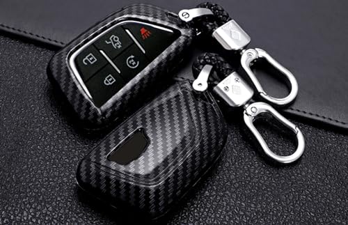 Image of iJDMTOY Gloss Black Carbon Fiber Pattern Exact Fit Key Fob Shell Cover w /Chrome Edging Trim Compatible with 2020-up Cadillac CT5 CT6 XTS XT4 XT5 ATS, etc
