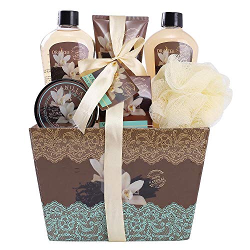 Draizee Luxury 6 Pcs Refreshing Vanilla Spa Gift Baskets for Women Bath and Body Set for Women w/ Shower Gel, Body Lotion, Scrub - Birthday, Self Care Gifts for Mom