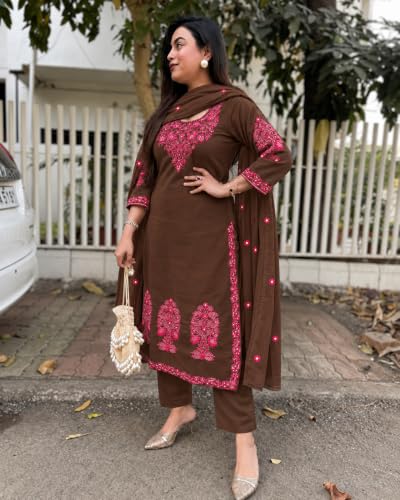 Image of ANNI Designer Women's Rayon Viscose Embroidered Straight Kurta with Pant & Dupatta