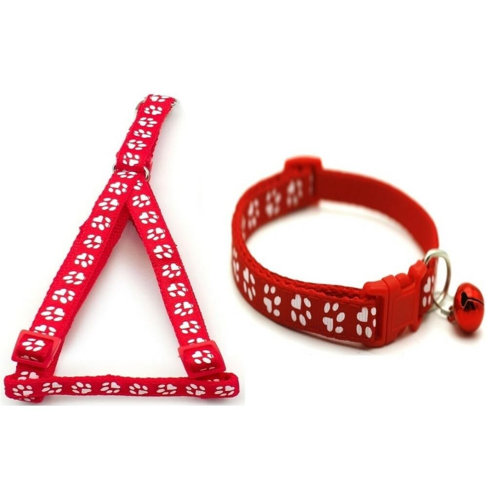 Small Dog Puppy Pet Collar and Harness Set Pawprint Design Nylon Adjustable Neck Size 19-32cm and Chest Size 21-34cm Red - Image 2
