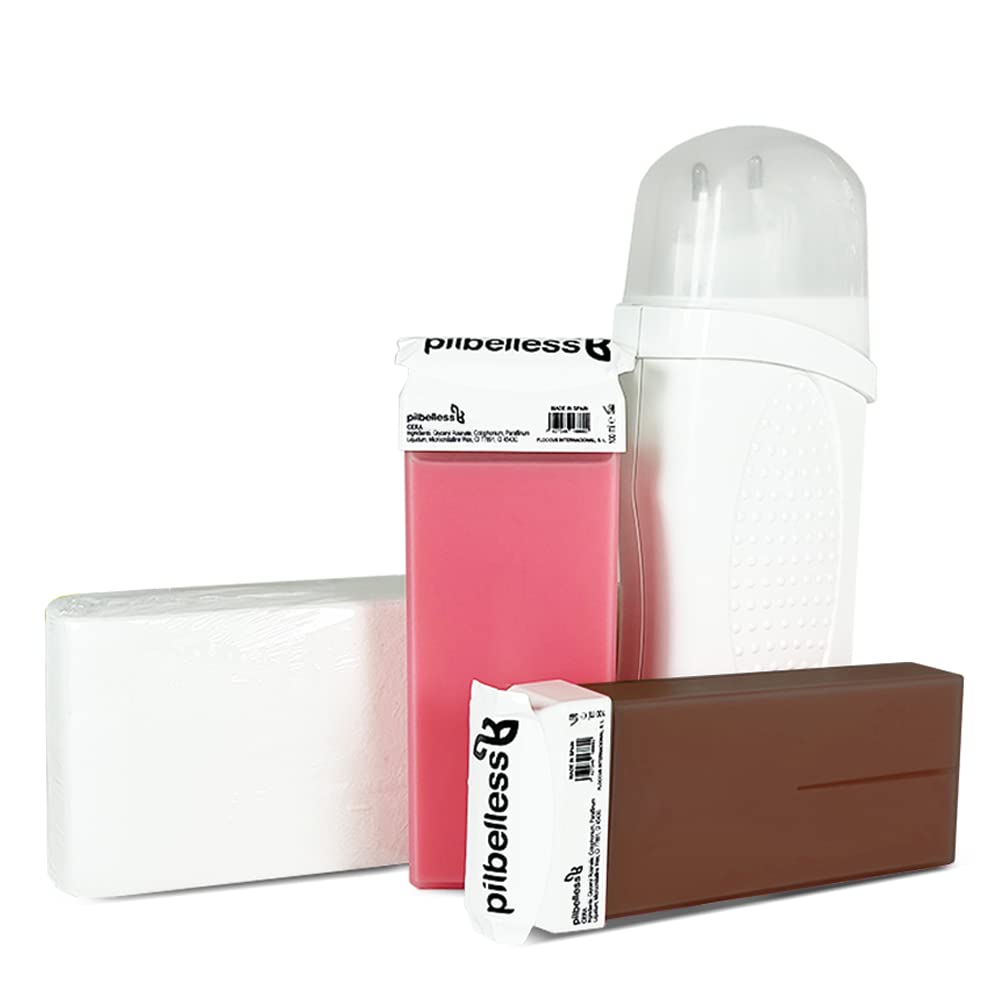 Kit de Depilación Roll On Calentador + 2 Cartuchos de Cera Roll On (Rosa y chocolate) + 100 Bandas Depilatorias