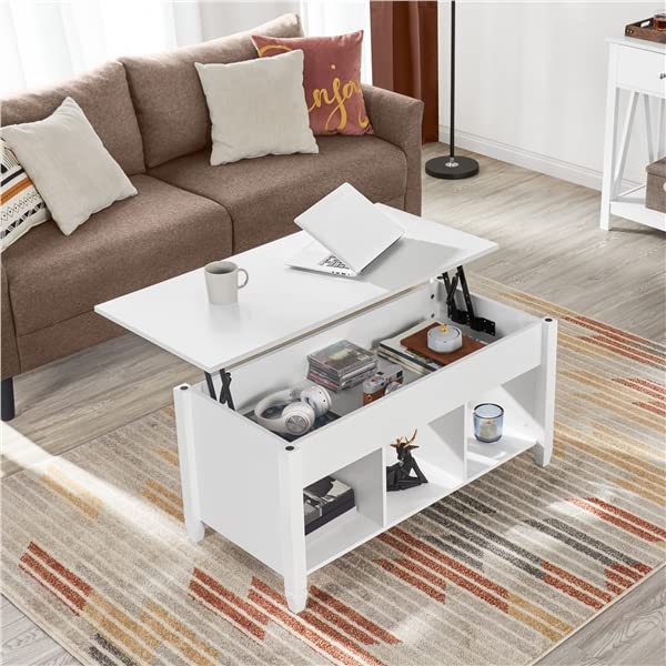 Abician Table Basse Relevable et Rectangulaire en Bois, 1 Grand Compartiment Caché, 3 Compartiments Ouverts, Pied en Bois Massif, Style Minimaliste, Maison, Salon Blanc
