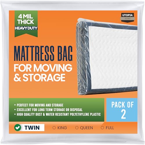 Utopia Home Twin Size Mattress Bag for Moving (2 Pack), 4 Mil Heavy Duty Plastic Storage Bag, Mattress Encasement Cover Fits Mattresses up to 14 Inches