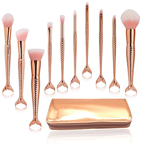 Mermaid Makeup Brushes Set,10pcs Gold Cosmetic Tools Kits Foundation Blending Blush Eyeliner Face Powder Brush with Makeup Bag