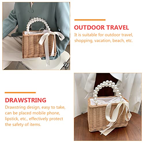 Image of KESYOO Pearl Straw Handbag Beach Bag for Women with Drawstring Closure Portable Tote for Vacation Shopping Outdoor Travel 9.05 X 5.90 X 4.72 in