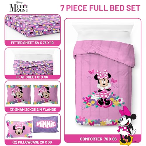 Image of Disney Minnie Mouse Full Size Comforter Set 7 Piece Kids Bedding, Pink | Bed in a Bag, Comforter Sheets Shams Pillowcases, Official Brand, Soft Microfiber, Machine Washable, Girls Gift