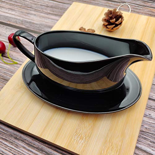 Gravy Boat with Ceramic Tray, 1 PC 8 oz Easy Pour Black Gravy Boat with Saucer Stand for Salad Dressings, Milk,Broth, Creamer and More/ Microwave & Dishwasher Safe (Black)