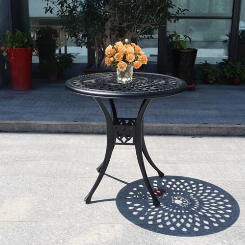 Image of 30 inches Patio Table with Umbrella Hole, Round Outdoor Table, Cast Aluminum Bistro Table, Metal Side Table for Porch Backyard, Black