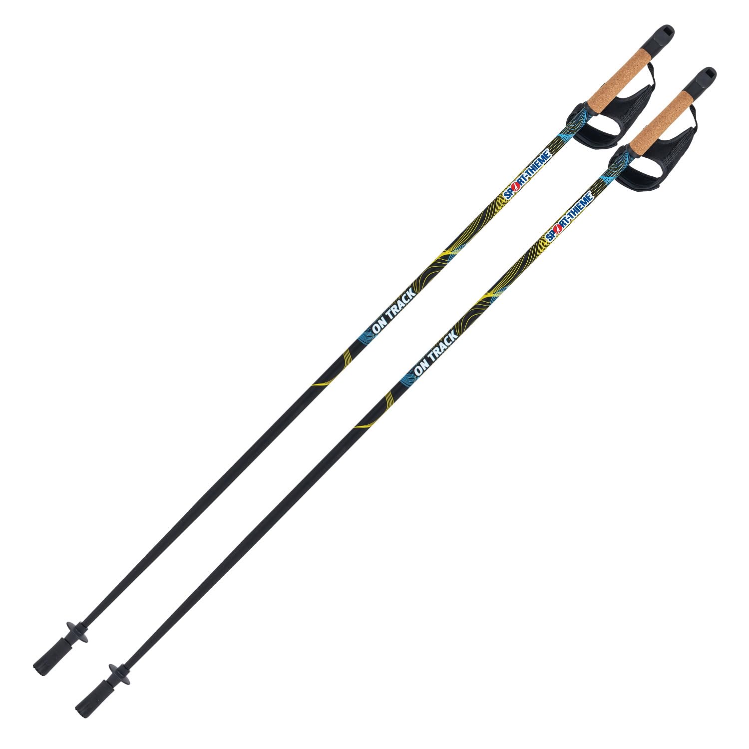 Sport-Thieme Nordic Walking Stöcke | Fixe Stocklänge | Aluminium | Korkgriff | Herausnehmbare Handschlaufen | Metallspitze | Gummipuffer | Schwarz-Grün