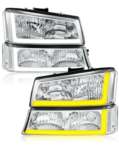 GORWARE Headlights with LED DRL Tube + Sequential Switchback Chrome for Silverado 2003 2004 2005 2006 2007, 2003-2006 Avalanche, Chrome Housing Clear Lens and Reflector