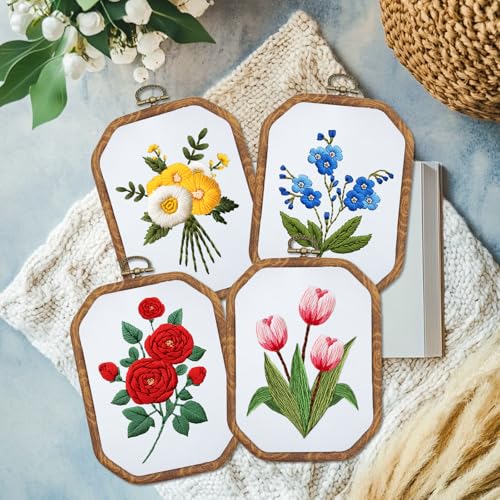 Image of ORIGACH 4 Set Embroidery Kit for Beginners Adults, DIY Flowers Embroidery Starter Kit with Stamped Patterns Instructions Embroidery Hoop Needles Threads for Crafting