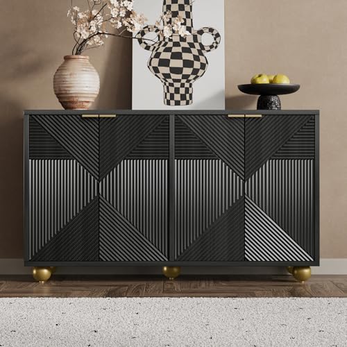 Aparador con puertas grabadas y estantes ajustables – Diseño elegante con asas doradas y patas esféricas, gran espacio de almacenamiento para salón, comedor o pasillo