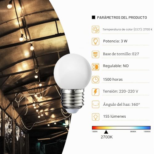 Bombilla LED E27 G45 de filamento 2700K, pack de 20 lámparas no regulables 2