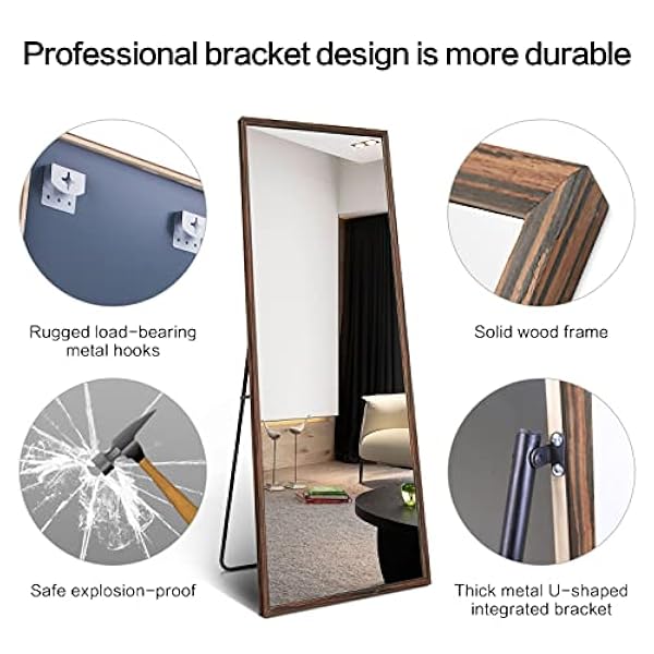 TheiaMo Houten spiegel in volledige lengte, 150 x 50 cm, vloerspiegel met staande houder, leunend en hangspiegel, houten frame, grote wandspiegel voor slaapkamer/woonkamer, bruin hout