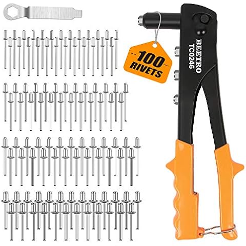 BEETRO Heavy Duty Hand Riveter, Rivet Gun, 3/32"-1/8"-5/32"-3/16", 4 Nosepieces Set Includes 100pcs Rivets, Durable and Suitable for Metal, Plastic and Leather Cover