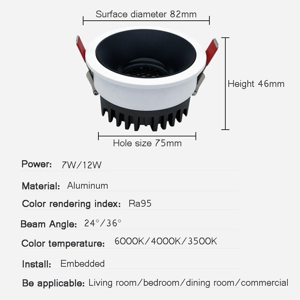 WLBHWL Recessed Lighting, 7W/12W 3.2-inch COB Ceiling Spotlight with Honeycomb Mesh, Indoor LED Recessed Downlight,White Baffle, Anti-Glare,CRI 95 for Living Room Corridor