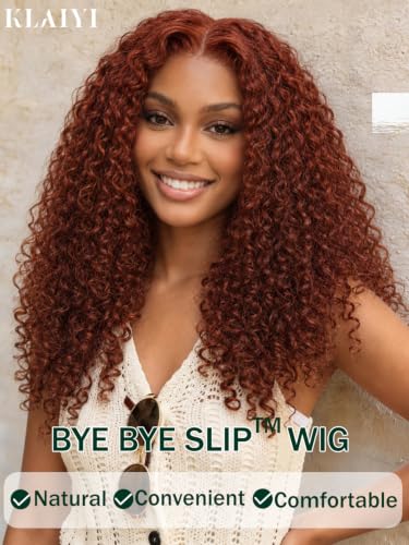 Image of KLAIYI Reddish Brown Burmese Curly Precut 7x5Lace Front Wigs Human Hair 22 inch | Bye Bye Slip Glueless Drawstring Wig Finger Coil Ends Pre Plucked Bleached Knots Pre Everything 30S Ready to Wear and Go Wig
