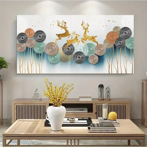 Toile cerf montagnes dorées grand format pour décor de chambre